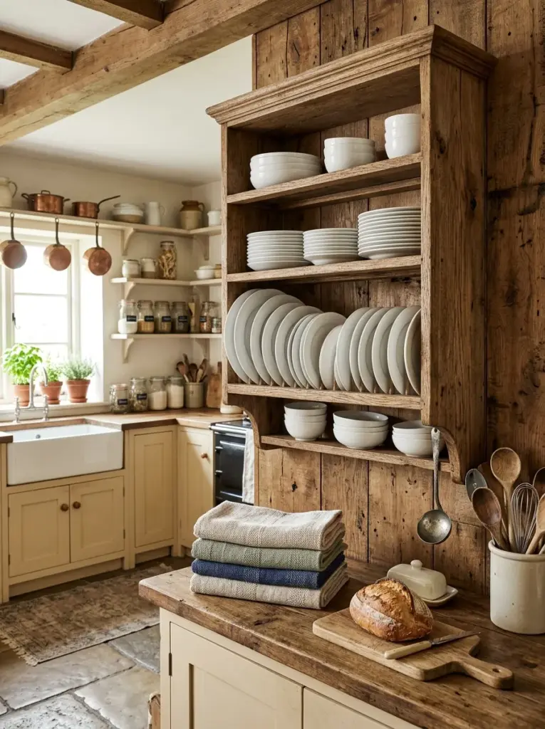 Authentic rustic kitchen with a handcrafted wooden plate rack displaying white ceramic plates, reclaimed wood wall, linen towels, neatly made, beautifully arranged, organized, clean, bright natural light entering from windows across the room, vibrant earthy palette, realistic home interior, Pinterest-ready, lifestyle photography, ultra detailed stock photo, 8k