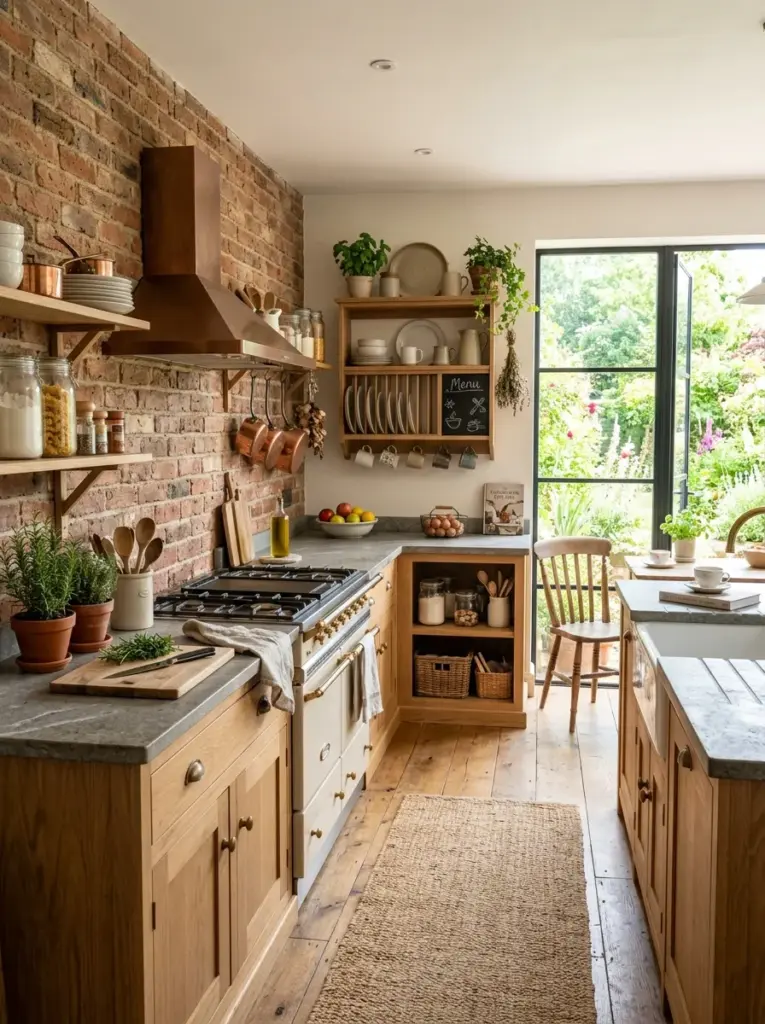 Real-life rustic kitchen featuring a single exposed brick wall, light wooden cabinets, stone countertops, farmhouse accessories, neatly made, beautifully arranged, organized, clean, bright natural light from large windows opposite the brick wall, vibrant earthy colors, realistic family kitchen, lifestyle photography, Pinterest-ready, premium stock photo, 8k