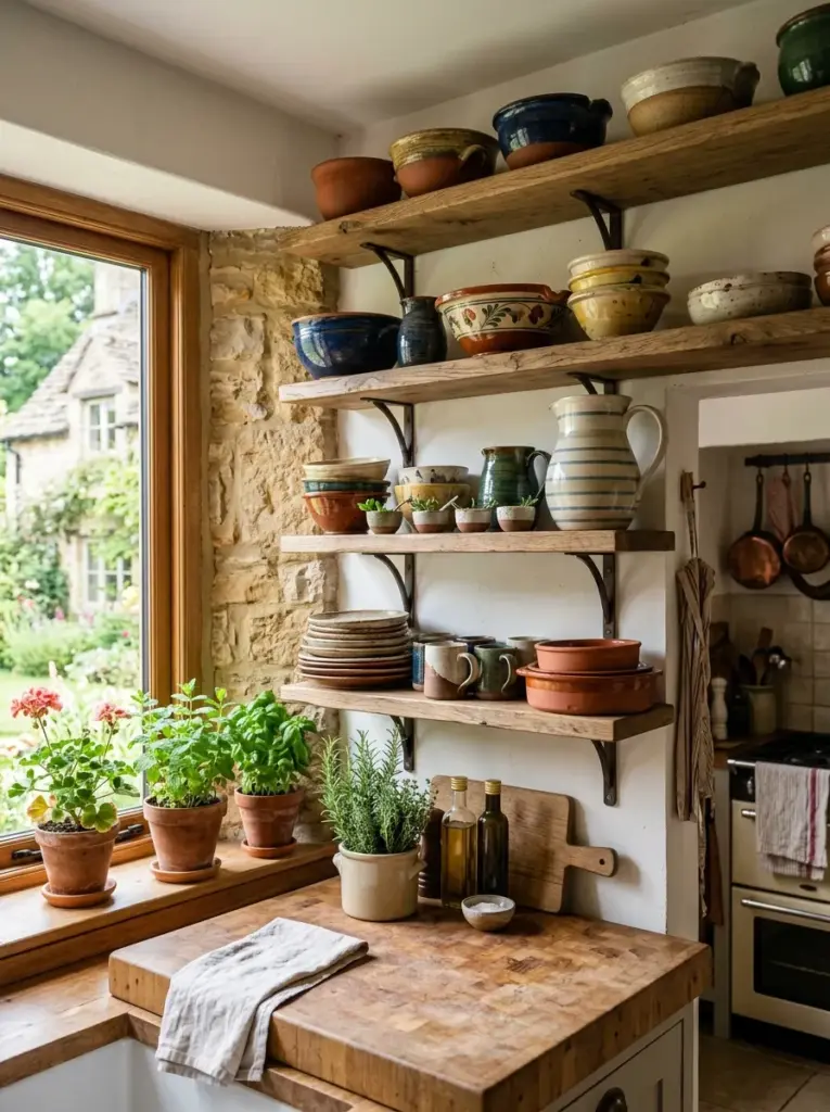Authentic rustic kitchen with handmade ceramic bowls, pitchers, and serving dishes on open wooden shelves, neatly made, beautifully arranged, organized, clean, bright natural light from nearby windows, vibrant earthy colors, cozy home environment, realistic lifestyle photography, Pinterest-ready, ultra realistic stock photo, 8k