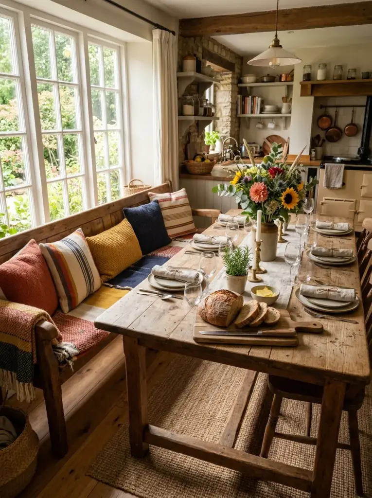 Real-life rustic kitchen dining area with a long reclaimed wood bench, farmhouse table, woven cushions, fresh bread and flowers, neatly made, beautifully arranged, organized, clean, bright natural light flowing through large windows beside the dining space, vibrant warm colors, authentic family gathering atmosphere, lifestyle photography, Pinterest-ready, premium stock photo, 8k