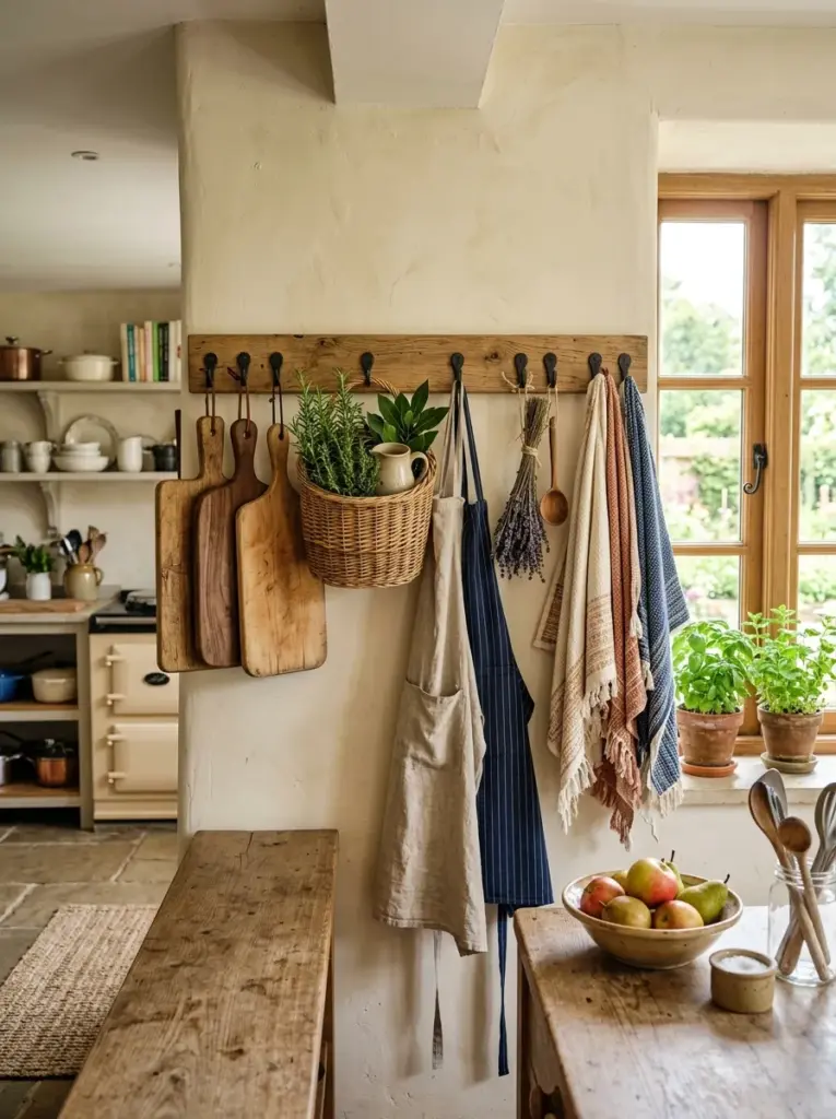 Real-life rustic kitchen with a handcrafted wooden peg rail holding cutting boards, linen aprons, woven baskets, and kitchen towels, neatly made, beautifully arranged, organized, clean, bright natural light from side windows, vibrant earthy colors, authentic family kitchen, lifestyle photography, ultra realistic, Pinterest-ready, premium stock photo, 8k