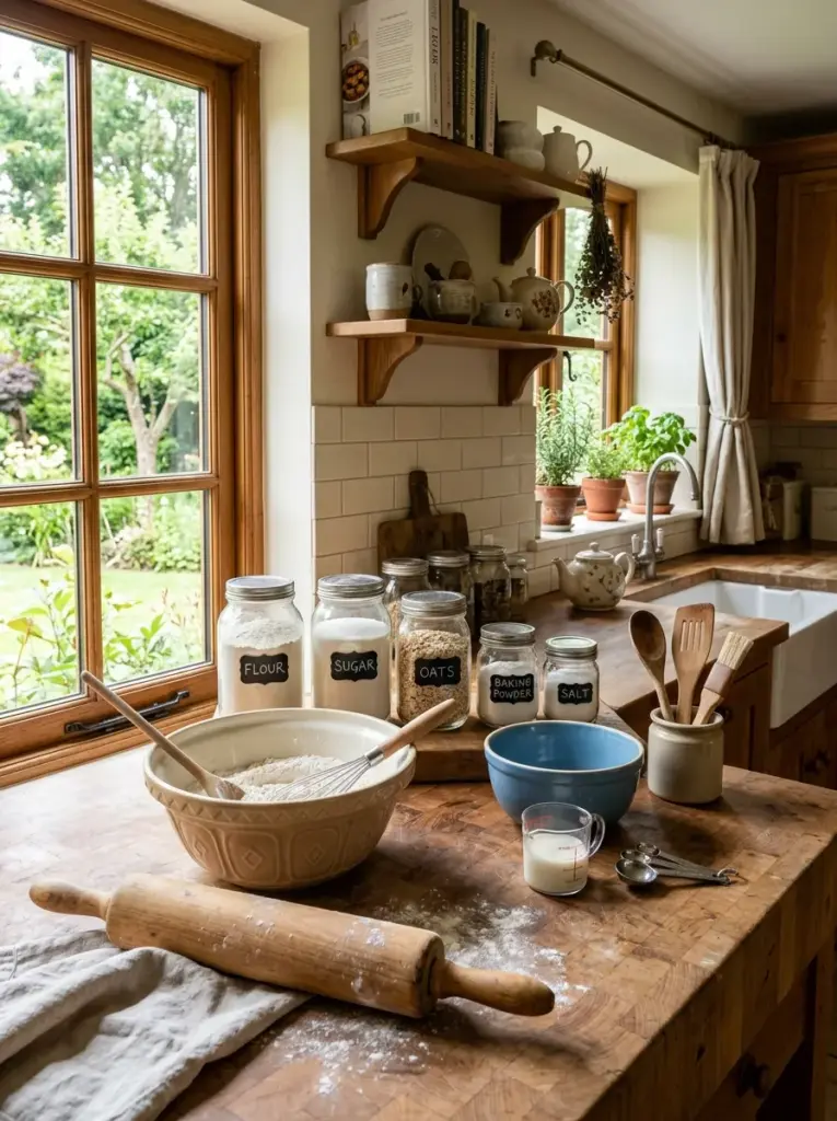 Authentic rustic kitchen baking station with glass jars of flour, wooden rolling pin, ceramic mixing bowls, butcher block countertop, neatly made, beautifully arranged, organized, clean, bright natural light from a nearby window, vibrant warm tones, realistic family home, lifestyle photography, Pinterest-ready, ultra detailed stock photo, 8k