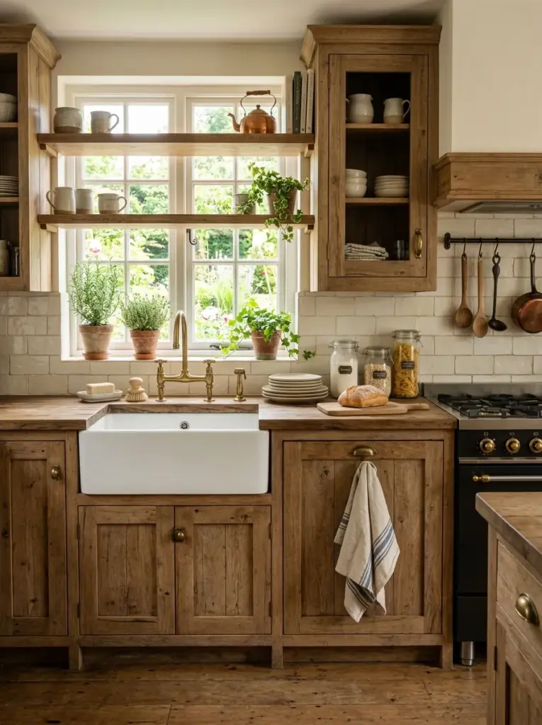 Real-life rustic kitchen featuring simple wooden cabinets with antique brass handles, vintage faucet, reclaimed wood accents, neatly made, beautifully arranged, organized, clean, bright natural light reflecting across natural wood surfaces, vibrant earthy palette, realistic lifestyle photography, Pinterest-ready, premium stock photo, 8k
