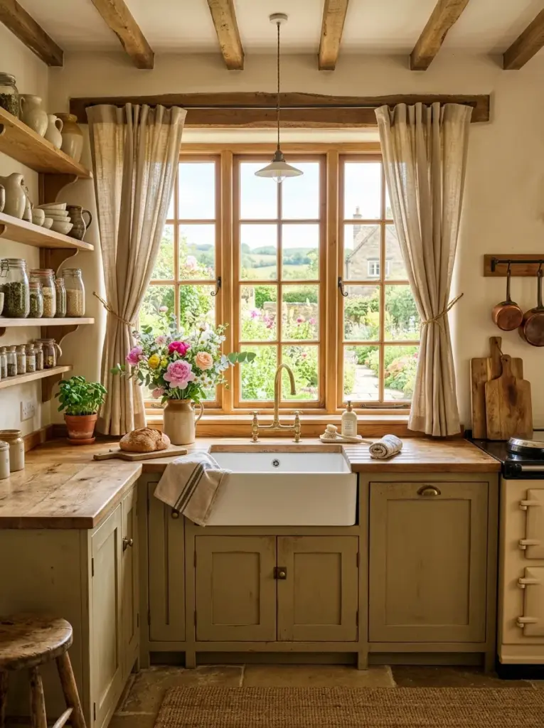 Authentic rustic kitchen with soft natural linen curtains framing a large window, wooden cabinets, farmhouse sink, fresh flowers, neatly made, beautifully arranged, organized, clean, bright natural light pouring through the uncovered center of the window onto the countertops, vibrant colors, realistic home photography, Pinterest-ready, ultra realistic stock photo, 8k