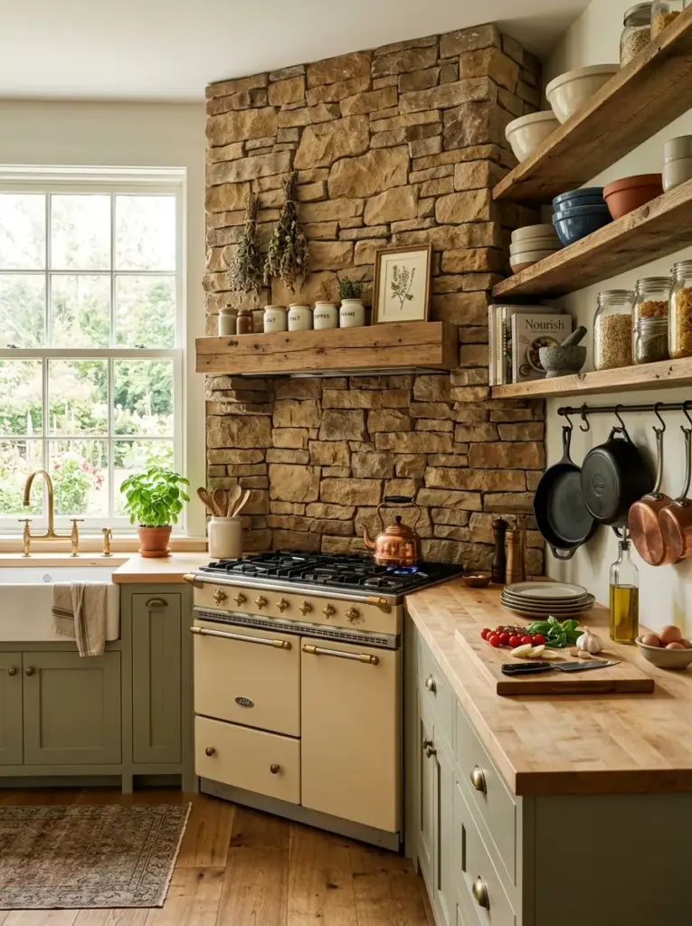 Authentic rustic kitchen featuring a natural stacked stone accent wall behind the range, wooden shelves, cast iron cookware, butcher block countertop, neatly made, beautifully arranged, organized, clean, bright natural light entering from windows opposite the stone wall to enhance texture, vibrant warm colors, realistic family home, lifestyle photography, Pinterest-ready, ultra detailed stock photo, 8k