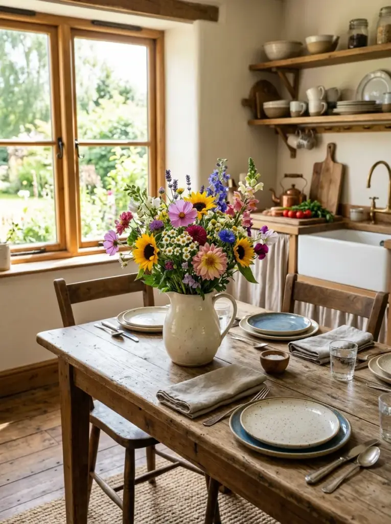 Real-life rustic kitchen with fresh seasonal wildflowers arranged in a ceramic pitcher on a reclaimed wood dining table, neatly made, beautifully arranged, organized, clean, bright natural light streaming through nearby windows, vibrant colorful flowers, cozy family home, lifestyle photography, Pinterest-ready, premium ultra realistic stock photo, 8k