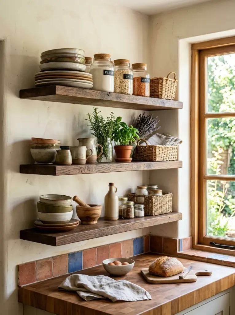 Real-life rustic kitchen with floating reclaimed wood shelves displaying ceramic plates, glass jars, woven baskets, fresh herbs, neatly made, beautifully arranged, organized, clean, bright natural light from nearby windows illuminating the shelves, vibrant earthy colors, cozy lived-in atmosphere, realistic stock photography, Pinterest-ready, ultra realistic, 8k