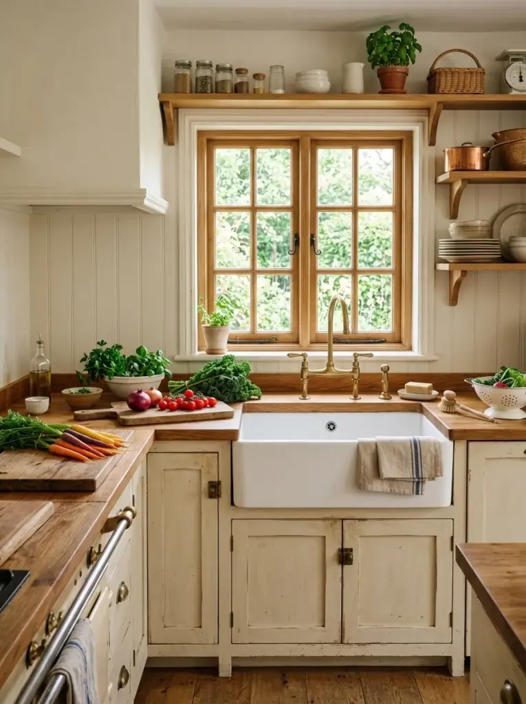 Beautiful rustic kitchen featuring a large white farmhouse apron sink with spacious butcher block counters, vintage brass faucet, fresh vegetables, linen towels, neatly made, beautifully arranged, organized, clean, bright natural light coming from the window directly above the sink, vibrant natural colors, realistic home photography, Pinterest-ready, premium stock photo, 8k