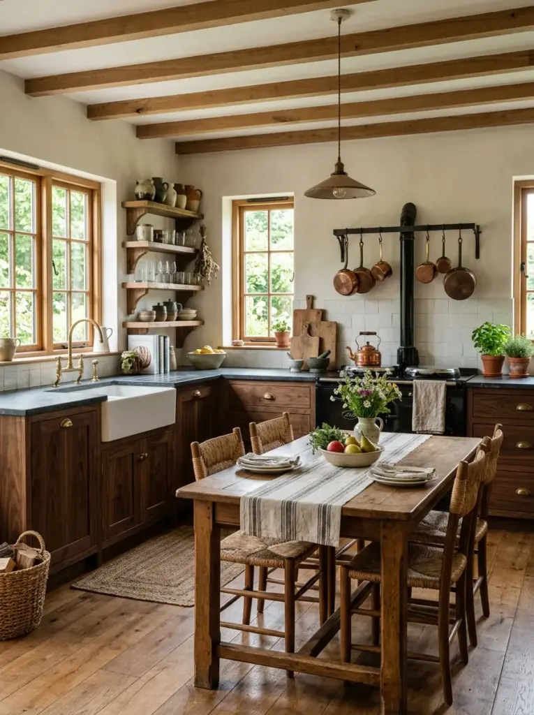 Authentic rustic kitchen with mixed wood tones including oak floor, walnut cabinets, vintage dining table, woven chairs, antique accessories, neatly made, beautifully arranged, organized, clean, bright natural light flowing through multiple windows, vibrant earthy palette, realistic lived-in home, lifestyle photography, Pinterest-ready, ultra detailed stock photo, 8k