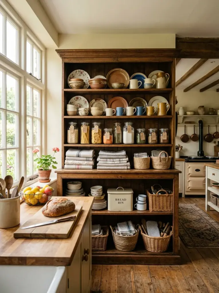 Real-life rustic kitchen featuring a vintage wooden hutch filled with ceramic dishes, glass jars, linen towels, and woven baskets, neatly made, beautifully arranged, organized, clean, bright natural light from large side windows, warm wood tones, vibrant colors, authentic family home, cozy farmhouse atmosphere, lifestyle photography, ultra realistic, Pinterest-ready, premium stock photo, 8k