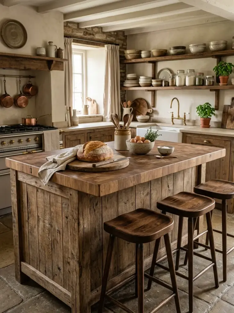 Authentic rustic kitchen with a reclaimed timber island, butcher block countertop, wooden stools, fresh bread, ceramic bowls, neatly made, beautifully arranged, organized, clean, bright natural light entering from windows behind the camera to evenly illuminate the island, vibrant earthy colors, realistic home photography, Pinterest-ready, ultra detailed stock photo, 8k