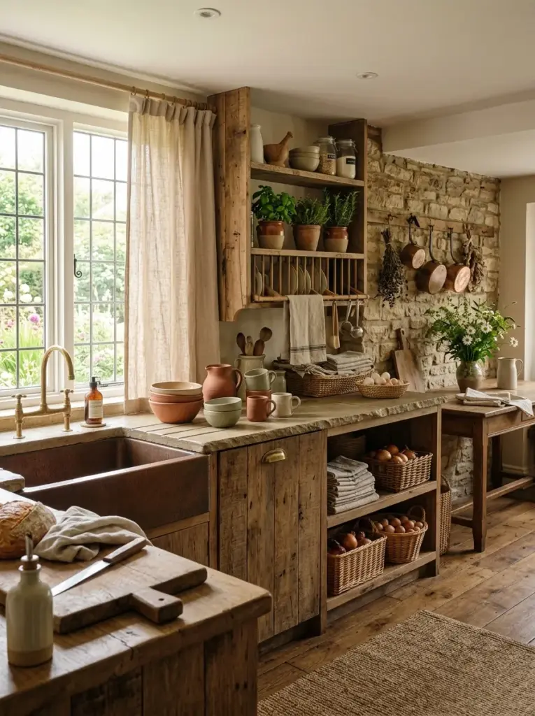 Real-life rustic kitchen showcasing woven baskets, linen textiles, clay pottery, reclaimed wood, natural stone surfaces, neatly made, beautifully arranged, organized, clean, bright natural light flowing through soft linen curtains, vibrant earthy palette, authentic lived-in home, lifestyle photography, Pinterest-ready, ultra realistic stock photo, 8k