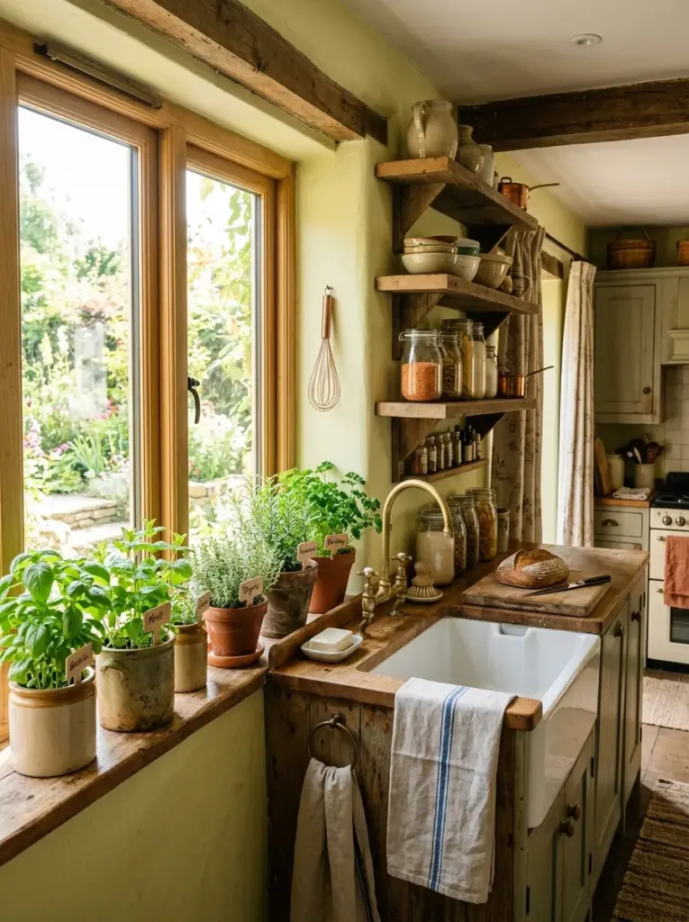 Real-life rustic kitchen with fresh herbs growing beside the brightest kitchen window, reclaimed wood shelves, ceramic pots, farmhouse sink nearby, neatly made, beautifully arranged, organized, clean, bright natural light directly illuminating the herbs, vibrant green foliage, cozy family kitchen, realistic lifestyle photography, Pinterest-ready, premium stock photo, 8k