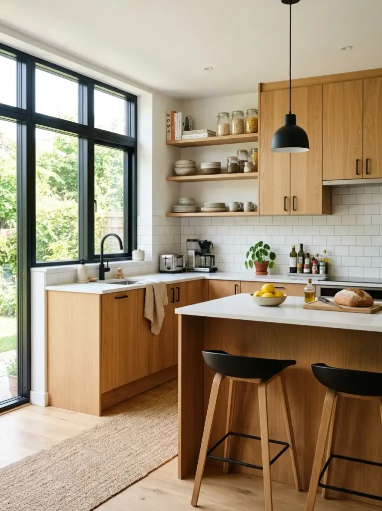 Prompt: Real-life Scandinavian kitchen with warm natural oak flat-panel cabinets, crisp white walls, white quartz countertop, matte black hardware, ceramic accessories, subtle linen textiles, light wood flooring, neatly made, beautifully arranged, organized, clean, bright natural light entering from large side windows, vibrant natural colors, realistic stock photography, everyday family home, Pinterest-ready, ultra detailed, professional interior photography, no people, no 3D render.