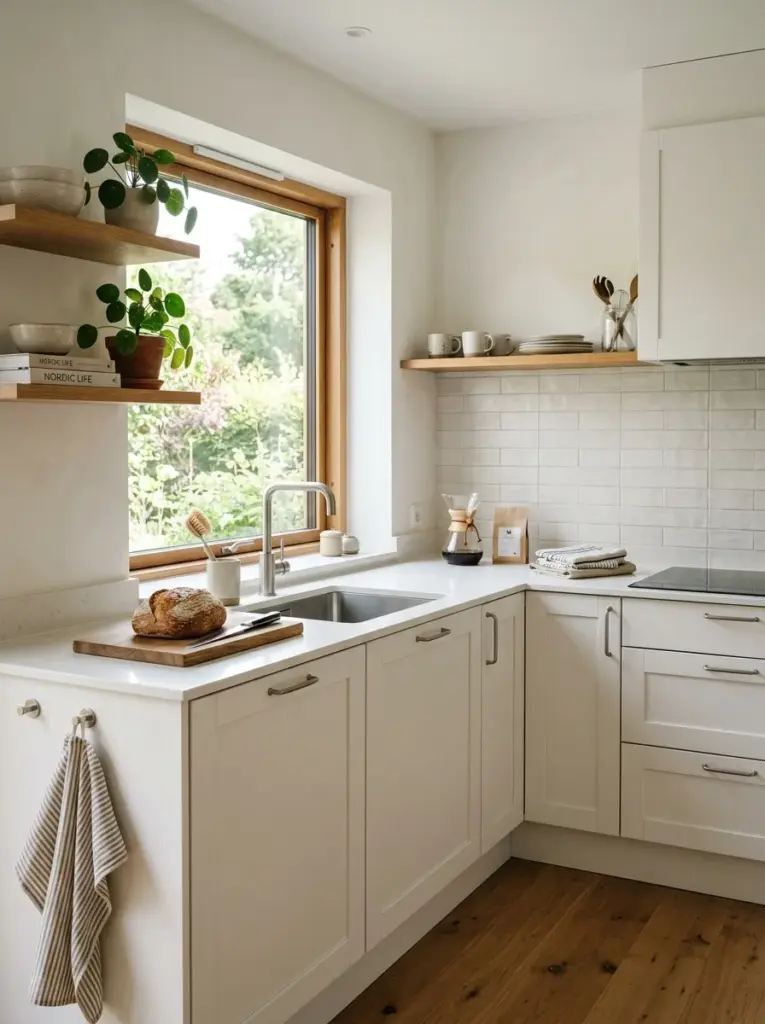 Prompt: Real-life Scandinavian kitchen featuring matte white cabinetry, matte quartz countertop, brushed metal fixtures, warm oak accents, subtle texture throughout, neatly made, beautifully arranged, organized, clean, bright natural light reflecting softly across matte surfaces, vibrant natural tones, realistic stock photography, Pinterest-ready, high-end everyday home, ultra detailed, no people, no CGI.