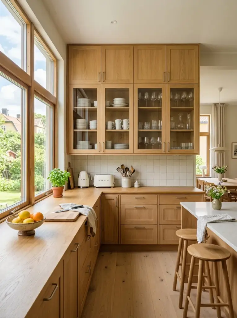 Prompt: Real-life Scandinavian kitchen with light oak cabinets, several elegant glass-front cabinet doors displaying white ceramics and clear glassware, neatly made, beautifully arranged, organized, clean, bright natural light entering from large windows, vibrant neutral colors, authentic family home, realistic stock photography, Pinterest-ready, ultra detailed, no people, no 3D render.