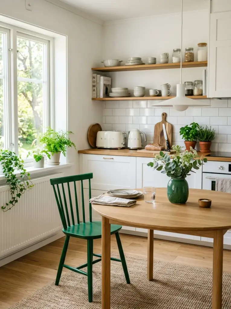 Prompt: Real-life Scandinavian kitchen with neutral white and oak interior featuring one bold forest green dining chair and matching ceramic vase, neatly made, beautifully arranged, organized, clean, bright natural light illuminating the accent pieces, vibrant balanced colors, realistic lifestyle stock photography, Pinterest-ready, cozy Nordic home, ultra realistic, no people.