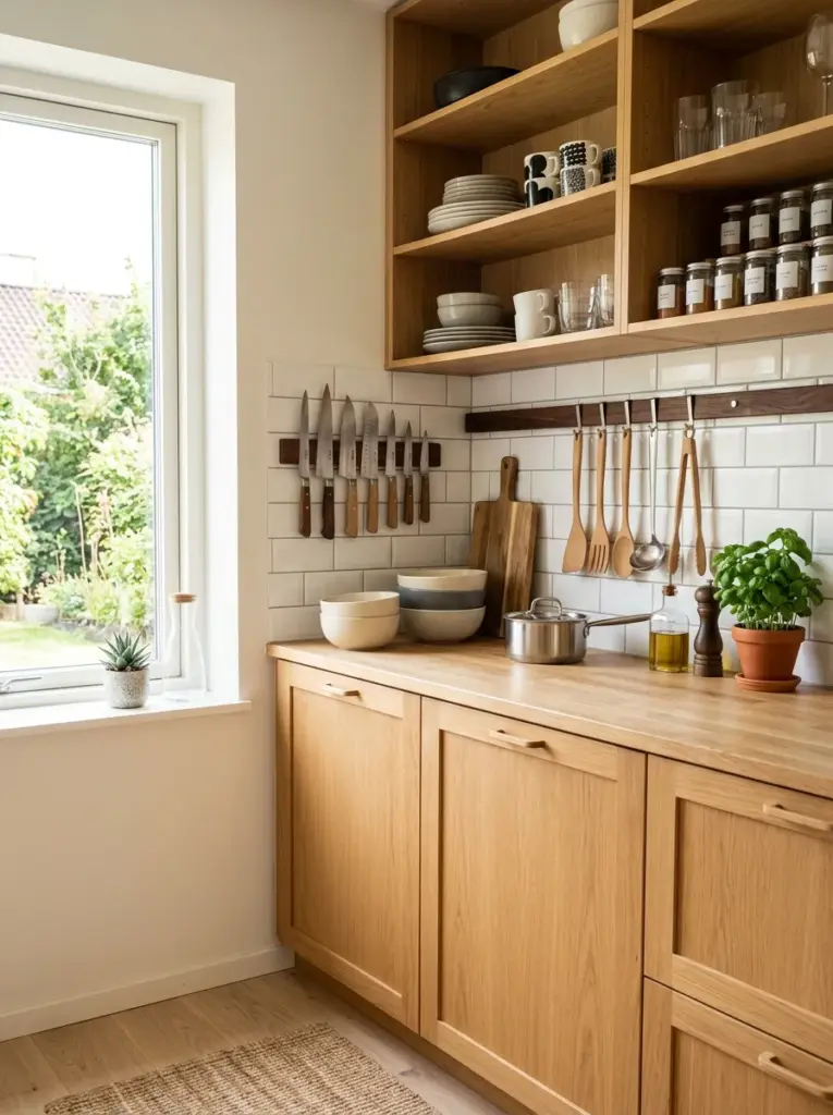 Prompt: Real-life Scandinavian kitchen with wooden wall rails, magnetic knife strip, hanging wooden utensils, organized everyday cookware, white backsplash, light oak cabinets, neatly made, beautifully arranged, organized, clean, bright natural light from side windows, vibrant natural tones, realistic stock photography, Pinterest-ready, authentic modern home, ultra detailed, no people.