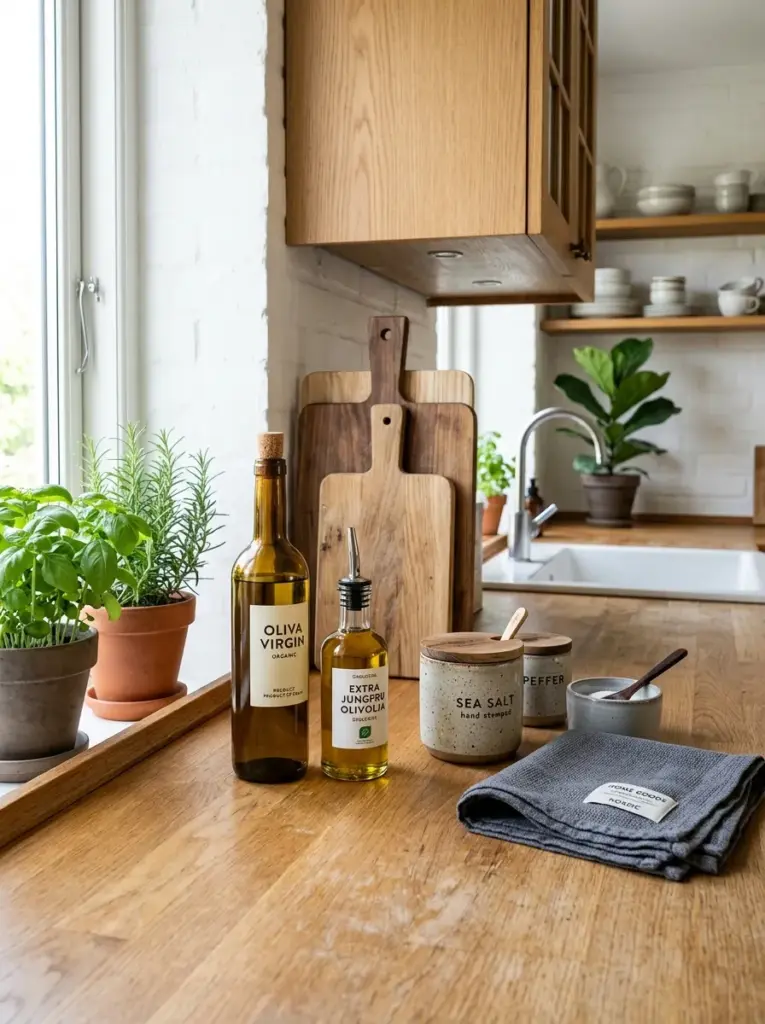 Prompt: Real-life Scandinavian kitchen countertop styled with olive oil bottles, wooden cutting boards, ceramic jars, small salt cellar, linen towel, neatly made, beautifully arranged, organized, clean, bright natural light highlighting countertop textures, vibrant earthy colors, realistic lifestyle stock photography, Pinterest-ready, everyday Nordic home, ultra realistic, no people.