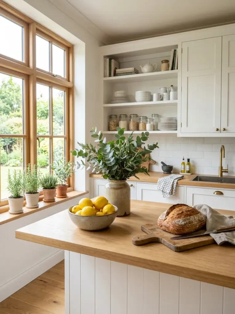 Prompt: Real-life Scandinavian kitchen featuring fresh eucalyptus branches, bowl of lemons, artisan bread, seasonal greenery, natural wooden details, neatly made, beautifully arranged, organized, clean, bright natural light filling the room from large windows, vibrant fresh colors, realistic stock photography, Pinterest-ready, cozy family kitchen, ultra detailed, no people, no illustration.