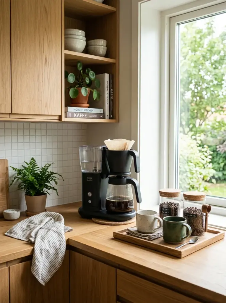 Prompt: Real-life Scandinavian kitchen with a dedicated coffee station featuring a minimalist coffee machine, ceramic mugs, glass coffee bean jars, wooden tray, light oak cabinetry, neatly made, beautifully arranged, organized, clean, bright natural light softly illuminating the coffee corner from a nearby window, vibrant natural colors, realistic lifestyle stock photography, Pinterest-ready, cozy everyday home, ultra detailed, no people, no 3D render.
