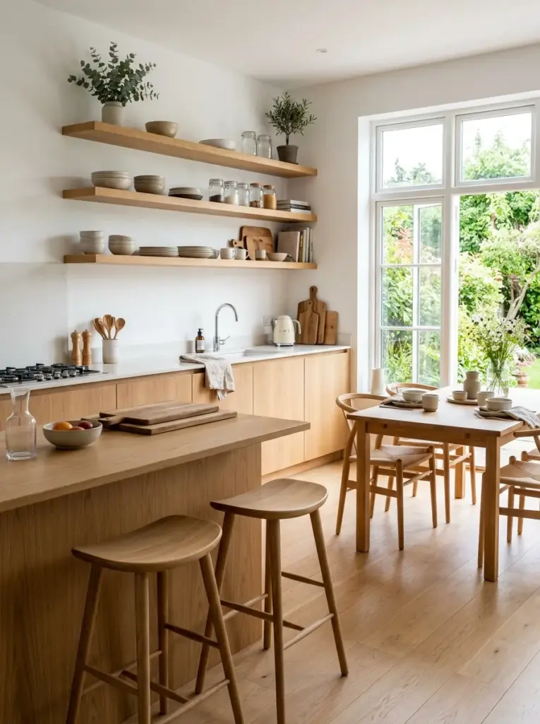 Prompt: Real-life Scandinavian kitchen with continuous light oak details across cabinets, floating shelves, bar stools, dining table, wooden cutting boards, and decorative accents, neatly made, beautifully arranged, organized, clean, bright natural light flowing through large windows, vibrant warm wood tones, realistic stock photography, Pinterest-ready, authentic Nordic family home, ultra realistic, no people, no CGI.