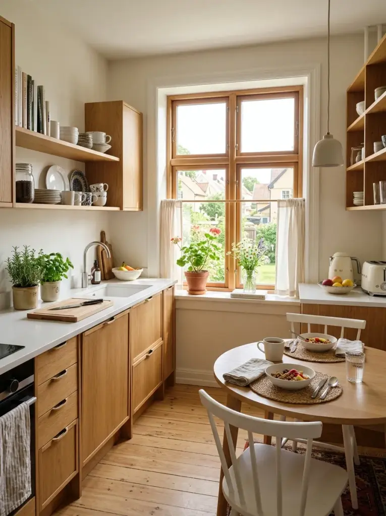 Prompt: Real-life Scandinavian kitchen featuring floating oak open shelves with neatly stacked white dishes, clear pantry jars, wooden cutting boards, small green plants, minimal styling, beautifully arranged, organized, clean, neatly made, bright natural light from nearby window, vibrant earthy tones, realistic lifestyle stock photo, Pinterest-ready, modern Nordic home, ultra realistic photography, no people, no illustration.