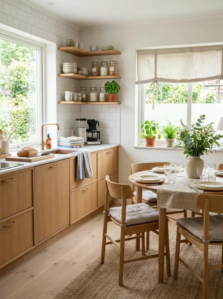 Prompt: Real-life Scandinavian kitchen where large windows flood the workspace with bright natural light, sunlight spreading across white countertops and oak cabinets, thin linen curtains, breakfast table positioned beside the window, neatly made, beautifully arranged, organized, clean, vibrant colors, realistic interior stock photography, Pinterest-ready, authentic family home, high detail, no people, no CGI.