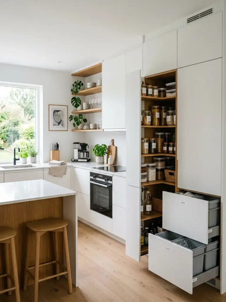 Prompt: Real-life Scandinavian kitchen with seamless flat-panel cabinetry hiding appliances, organized pull-out pantry, integrated recycling drawers, spotless white countertop, neatly made, beautifully arranged, organized, clean, bright natural light from wide windows, vibrant natural wood and white palette, realistic lifestyle stock photography, Pinterest-ready, highly detailed, authentic modern home, no people, no render.