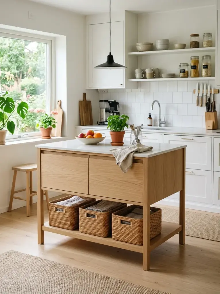 Prompt: Real-life Scandinavian kitchen with a slim light oak kitchen island, hidden drawers, open shelf with woven baskets, wide walking space around the island, white quartz countertop, neatly made, beautifully arranged, organized, clean, bright natural light flowing from large side windows, vibrant neutral colors, authentic family home, realistic stock photography, Pinterest-ready, ultra detailed, no people, no 3D render.
