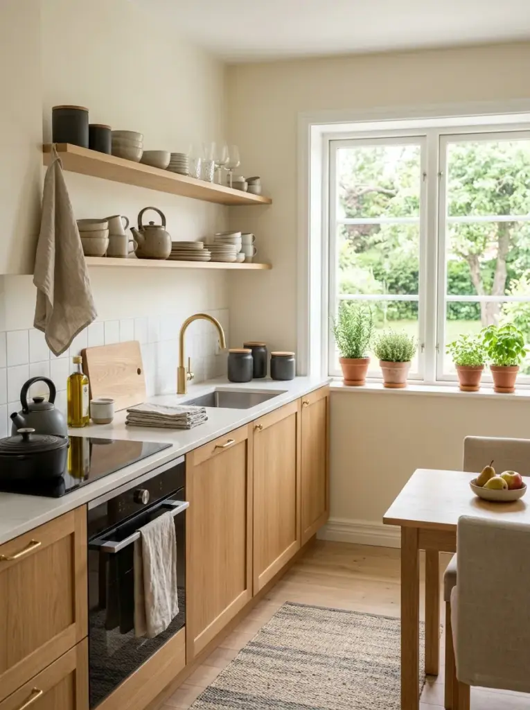 Prompt: Real-life Scandinavian kitchen featuring layered neutral colors including ivory walls, oatmeal textiles, beige ceramics, warm gray accents, natural oak cabinets, neatly made, beautifully arranged, organized, clean, bright natural light, vibrant soft earthy palette, realistic lifestyle stock photo, Pinterest-ready, cozy Nordic interior, ultra realistic photography, no people.