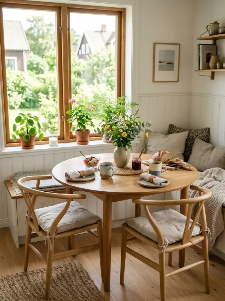 Prompt: Real-life Scandinavian breakfast nook beside a large window, round oak dining table, simple wooden chairs with linen cushions, fresh flowers, ceramic mugs, neatly made, beautifully arranged, organized, clean, bright natural light illuminating the seating area, vibrant natural colors, realistic stock photography, Pinterest-ready, cozy everyday home, ultra detailed, no people.