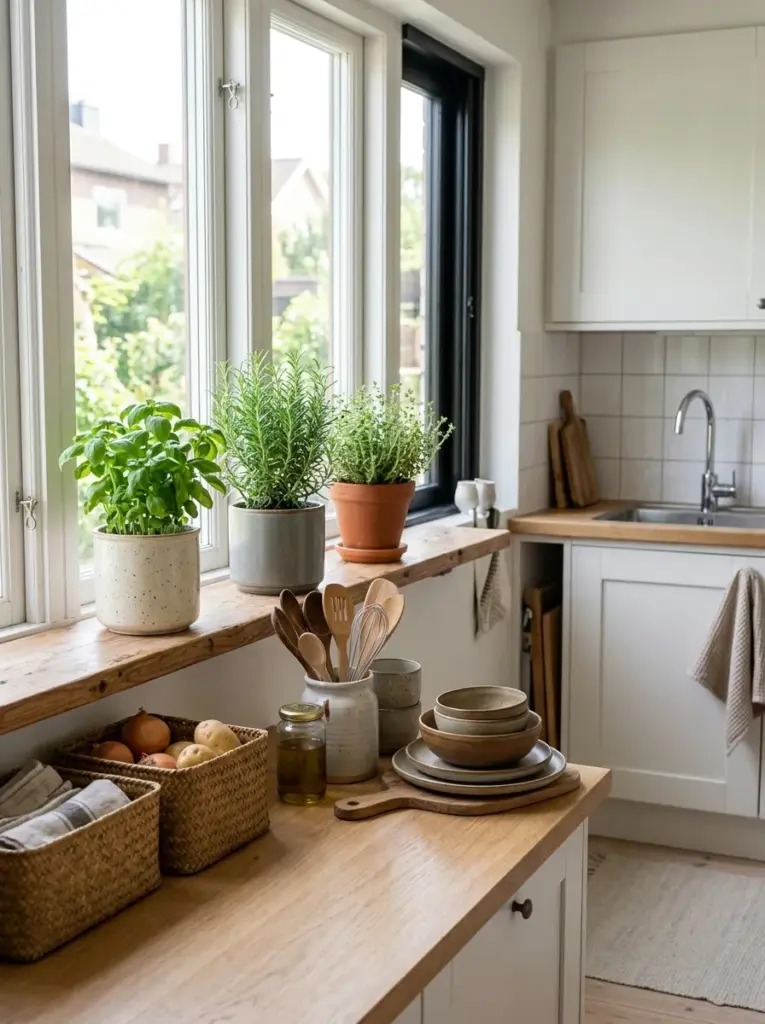 Prompt: Real-life Scandinavian kitchen with potted basil, rosemary, and thyme near a sunny window, woven baskets, stone bowls, wooden utensils, handmade pottery, neatly made, beautifully arranged, organized, clean, bright natural light highlighting the herbs, vibrant green accents, realistic lifestyle stock photo, Pinterest-ready, authentic Nordic home, ultra realistic, no people.