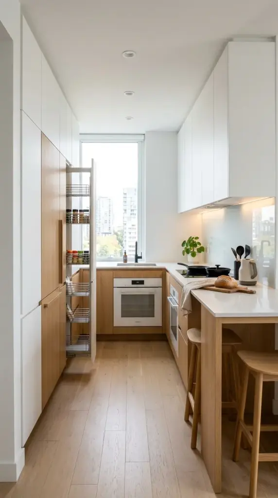 A contemporary kitchen showcasing a dramatic textured natural stone island with a chiseled edge, soft beige cabinetry, concealed appliances, warm oak flooring, oversized skylights flooding the space with daylight, minimalist decor, sculptural pendant lights, earthy neutral palette, luxury editorial photography, photorealistic architectural details, no people.