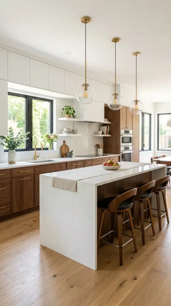 A warm modern kitchen designed for evening ambiance, featuring soft under-cabinet LED lighting, recessed ceiling lights, elegant pendant fixtures above a walnut island, creamy cabinetry, quartz countertops, natural oak flooring, linen bar stools, candles, ceramic decor, inviting residential photography, realistic textures, comfortable atmosphere, no people.