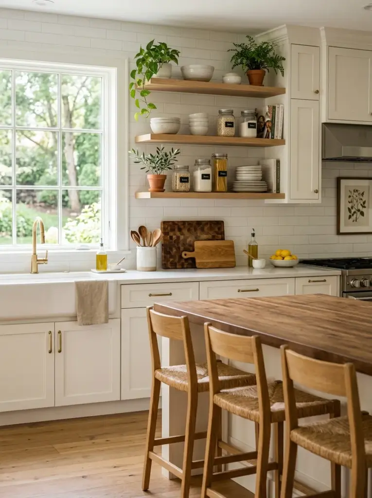 Ultra-realistic lifestyle photography of a cozy white kitchen with warm white shaker cabinets, floating oak shelves, solid wood bar stools, wooden cutting boards, subtle greenery, neatly made, beautifully arranged, organized, clean, bright natural light entering from large side windows, vibrant natural colors, authentic family home, Pinterest-worthy interior, premium stock photo style, DSLR photography, high detail, no people, no 3D render.
