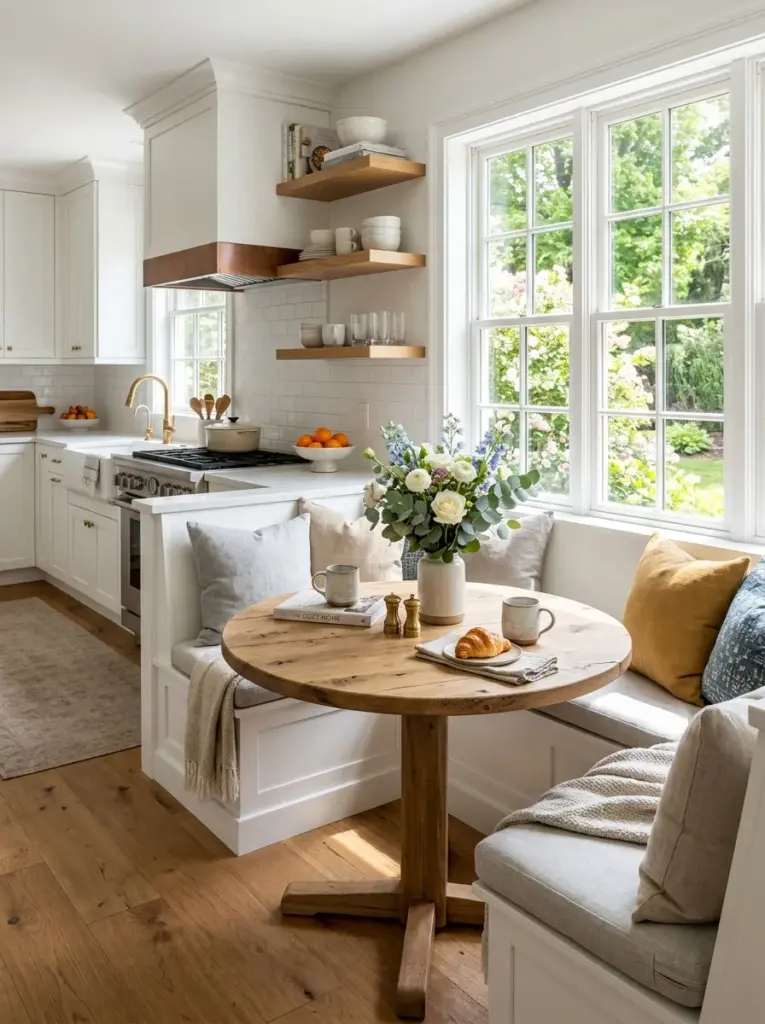Ultra-realistic white kitchen with a cozy breakfast nook beside a large window, built-in white bench, wooden dining table, linen cushions, fresh flowers, neatly made, beautifully arranged, organized, clean, bright natural light flooding directly onto the seating area, vibrant colors, authentic family home, Pinterest-ready stock photography, DSLR quality, no people, no illustration.