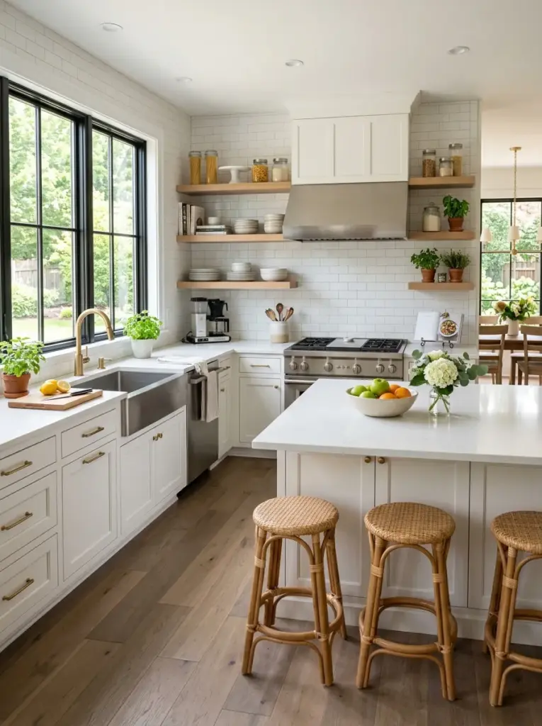 Ultra-realistic white kitchen with warm greige wood flooring, white shaker cabinets, quartz countertops, neatly made, beautifully arranged, organized, clean, bright natural light streaming from large side windows, vibrant natural colors, realistic family home, Pinterest-ready stock photography, DSLR photography, no people, no CGI.