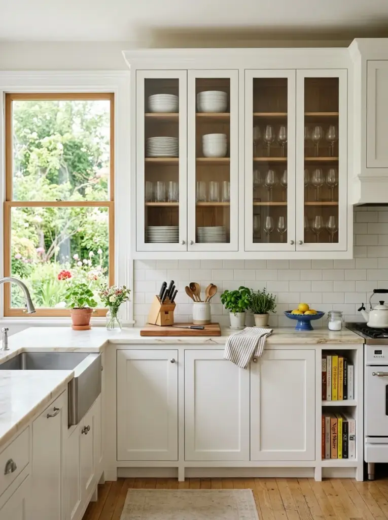 Authentic white kitchen with glass-front upper cabinets displaying matching white dishes and clear glassware, neatly made, beautifully arranged, organized, clean, bright natural light entering from side windows, vibrant yet soft colors, realistic family kitchen, Pinterest-worthy stock photography, DSLR realism, no people, no illustration.