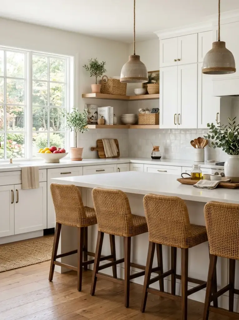 Ultra-realistic white kitchen featuring woven rattan bar stools, natural baskets, textured decor, white cabinetry, neatly made, beautifully arranged, organized, clean, bright natural light flowing from large side windows, vibrant earthy tones, authentic lived-in home, Pinterest-ready stock photography, DSLR quality, no people, no render.