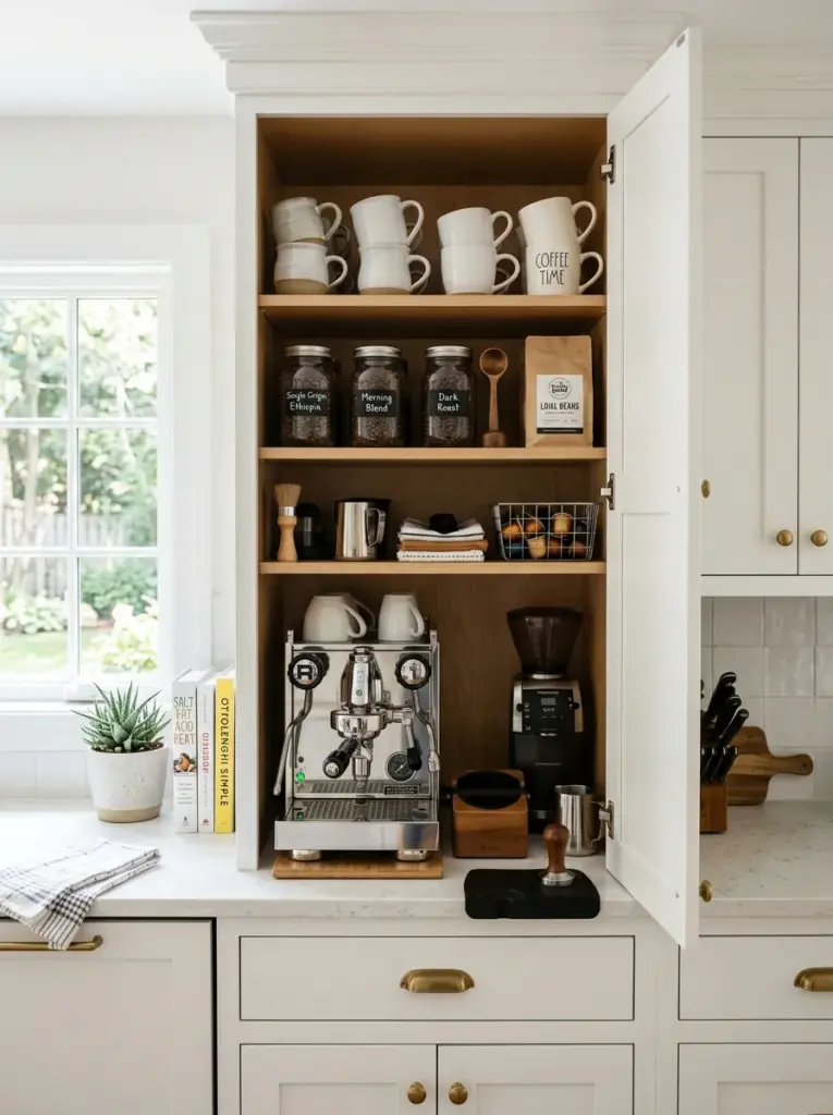 Ultra-realistic white kitchen with a dedicated coffee cabinet opened to reveal espresso machine, mugs, coffee beans, organized shelves, neatly made, beautifully arranged, organized, clean, bright natural light illuminating the cabinet from nearby side windows, vibrant colors, realistic family home, Pinterest stock photography, no people, no CGI.