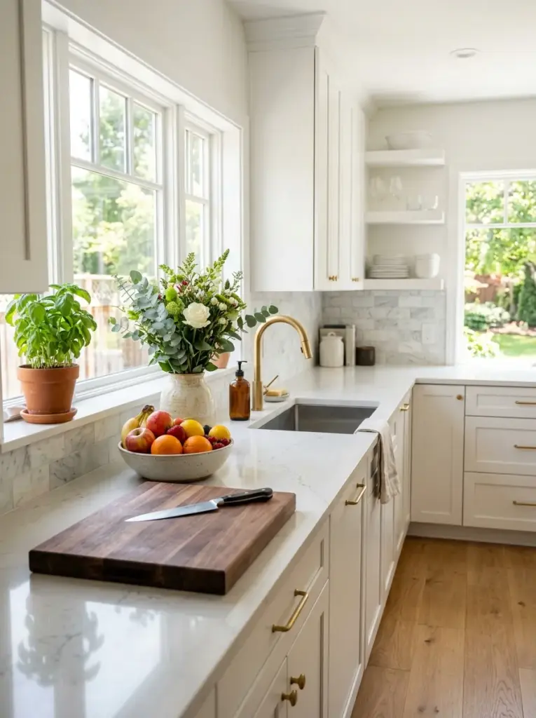 Ultra-realistic white kitchen with uncluttered quartz countertops, one wooden cutting board, fresh fruit bowl, ceramic vase, neatly made, beautifully arranged, organized, clean, bright natural light washing across the countertop from wide side windows, vibrant fresh colors, authentic home interior, Pinterest-ready stock photography, DSLR realism, no people, no illustration.