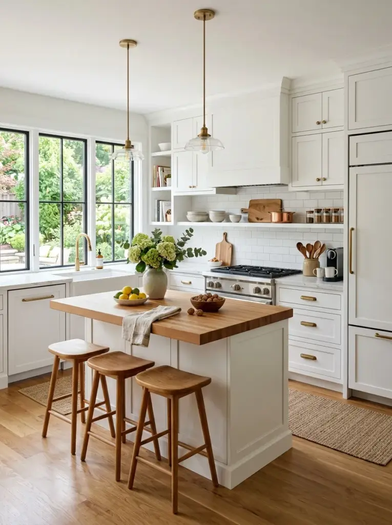 Ultra-realistic white kitchen with integrated panel-ready refrigerator and dishwasher matching white shaker cabinets, quartz countertops, neatly made, beautifully arranged, organized, clean, bright natural light entering from large side windows, vibrant whites with warm wood accents, authentic family home, Pinterest-ready stock photography, DSLR quality, no people, no CGI.