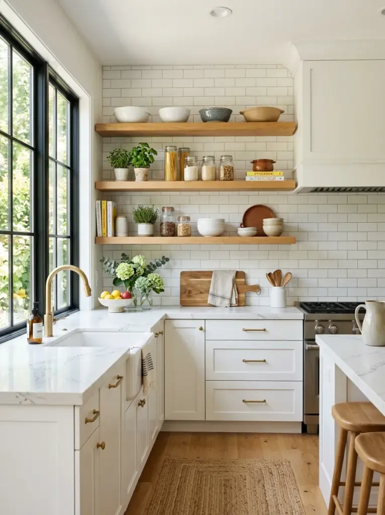 Ultra-realistic white kitchen with floating wooden shelves positioned to reflect bright natural light across white countertops, soft daylight bouncing from large side windows, neatly made, beautifully arranged, organized, clean, vibrant colors, realistic family home, Pinterest-worthy stock photography, DSLR photography, no people, no render.