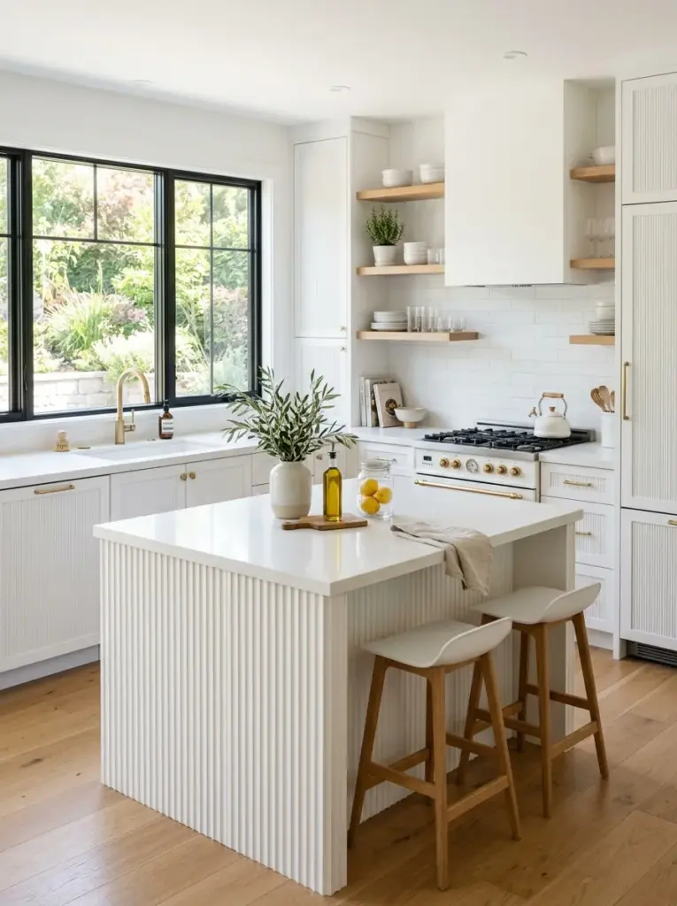 Ultra-realistic white kitchen featuring a fluted white kitchen island and textured cabinet details, white quartz countertops, neatly made, beautifully arranged, organized, clean, bright natural light entering from wide side windows, vibrant whites, authentic home interior, Pinterest-ready stock photography, DSLR realism, no people, no illustration.