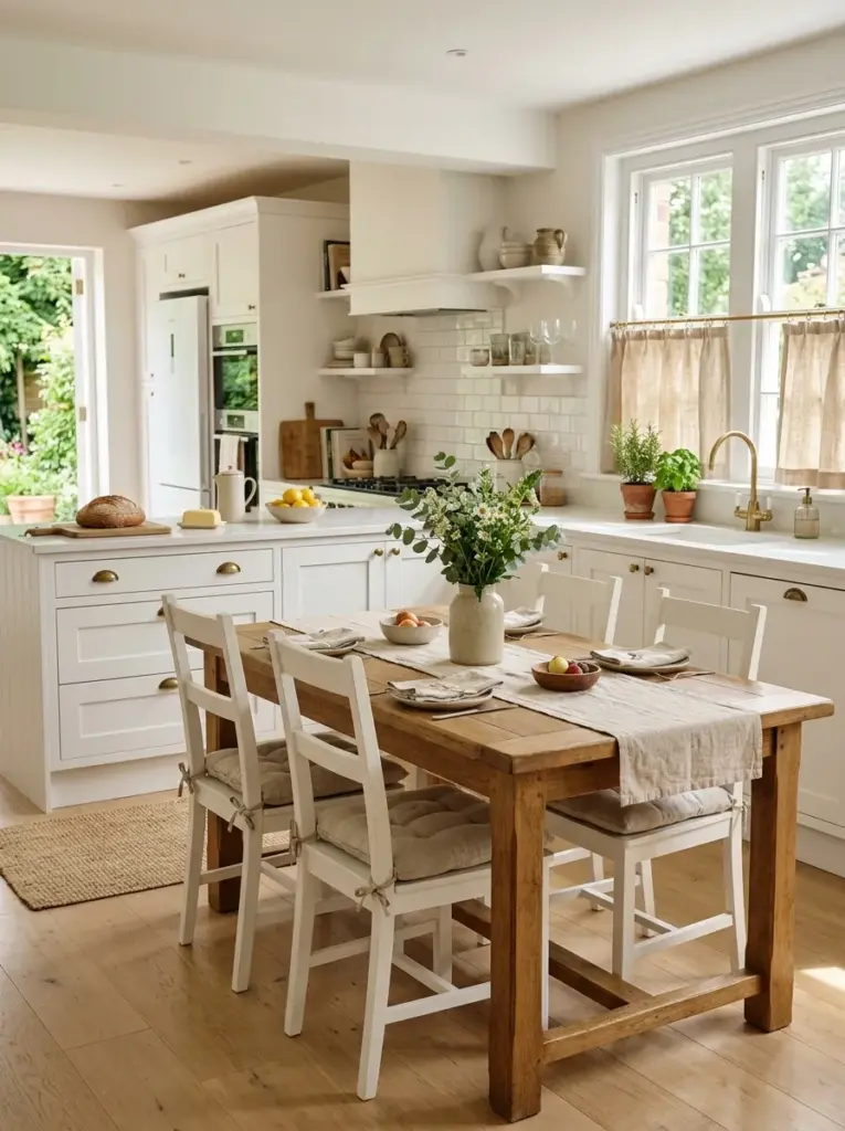 Ultra-realistic white kitchen with soft linen café curtains, linen seat cushions, neutral table runner, white cabinetry, neatly made, beautifully arranged, organized, clean, bright natural light filtering gently through side windows, vibrant yet calming colors, authentic lived-in family home, Pinterest-ready stock photography, DSLR quality, no people, no CGI.
