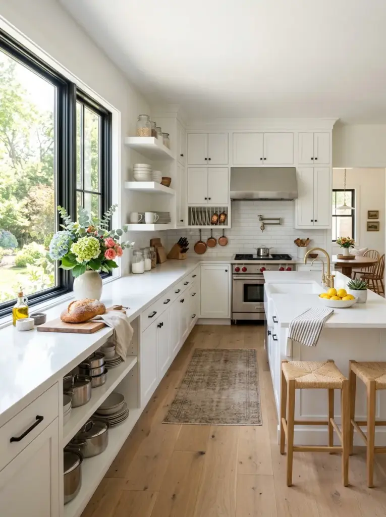 Ultra-realistic white kitchen with large side-facing windows allowing bright natural light to flow horizontally across white cabinets and quartz countertops, soft glowing reflections, neatly made, beautifully arranged, organized, clean, vibrant colors, realistic family home, fresh flowers, modern farmhouse touches, Pinterest-ready stock photography, DSLR quality, no people, no illustration, no 3D render.