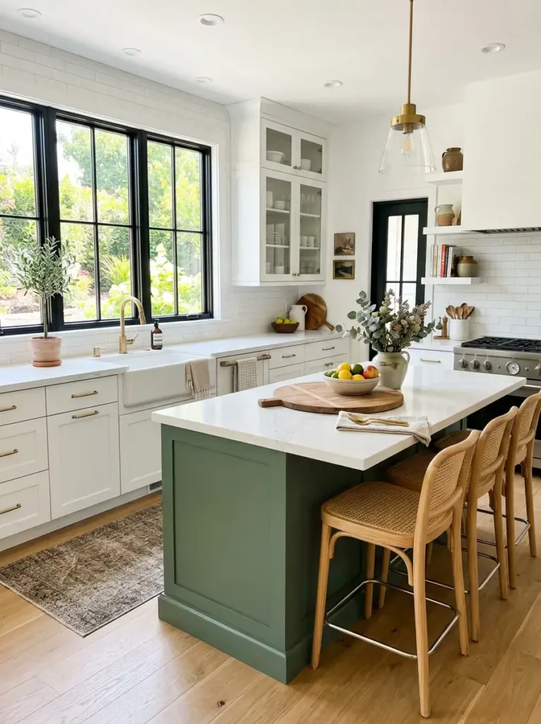 Real-life white kitchen featuring white perimeter cabinets and a deep sage green kitchen island, quartz countertop, stylish stools, neatly made, beautifully arranged, organized, clean, bright natural light from wide side windows, vibrant yet balanced colors, realistic family kitchen, Pinterest aesthetic, professional interior photography, high resolution, no people, no CGI.
