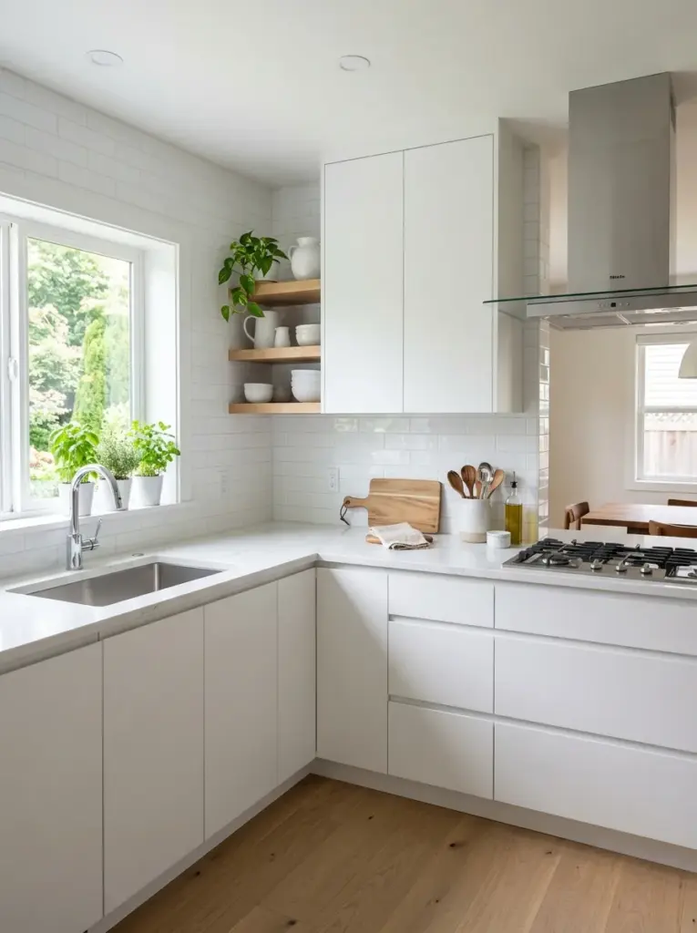 Ultra-realistic white kitchen combining matte white cabinets with glossy subway tile backsplash and polished quartz countertops, neatly made, beautifully arranged, organized, clean, bright natural light reflecting softly across different finishes from side windows, vibrant whites with realistic texture, premium stock photography, no people, no render.