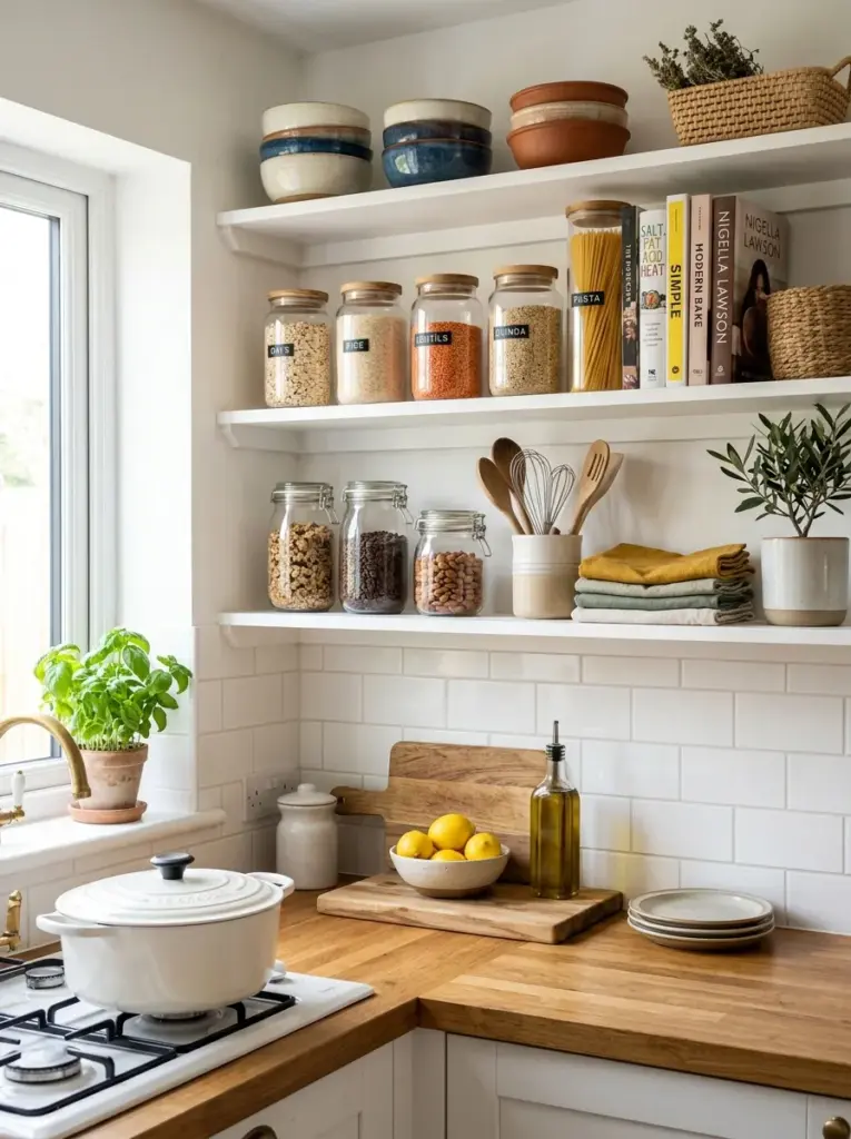 Authentic white kitchen with organized open shelving displaying ceramic bowls, clear glass pantry jars, wooden utensils, linen towels, cookbooks, neatly made, beautifully arranged, organized, clean, bright natural light, vibrant colors, lived-in but tidy atmosphere, Pinterest-ready stock photography, DSLR realism, no people, no illustration.